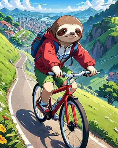 A sloth is biking on hill ,cycling,biking,tour de france,bicycling,bike ride,artistic cycling,bicycle ride,bicycle riding,bike,bicycle,mountain biking,pedal,bike riding,cyclist,kawaii panda,downhill,s