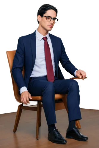 Businessman, suit, white shirt, tie, black hair, glasses, serious facial expression, sitting, hands clasped together, wooden table, leather chair, modern conference room, morning light, soft focus, sh