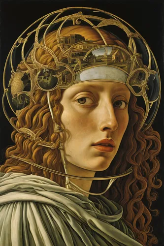 botticelli,laurel wreath,medusa,zodiac sign libra,gorgon,golden crown,seven sorrows,golden wreath,athena,golden ratio,horoscope libra,cybele,diadem,gold crown,headpiece,crown of thorns,gold filigree,gold stucco frame,virgo,lycaenid,Art,Classical Oil Painting,Classical Oil Painting 43