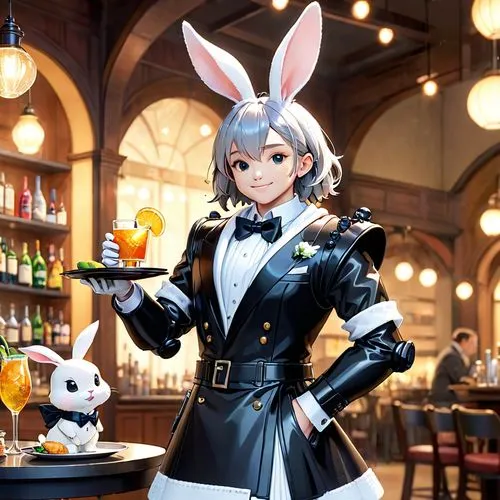 female anthropomorphic black rabbit, black robot rabbit made of black plastic, robot rabbit butler, bowtie, silver platter in hand, white towel in arm, offering drinks, courteous demeanor, female ches