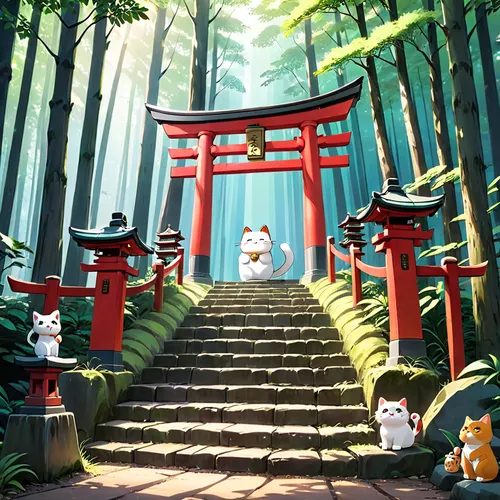 japanese shrine,cartoon video game background,shrine,torii,cartoon forest,japanese background,senbon torii,shinto shrine,bamboo forest,shinto,sakura background,tsukemono,game illustration,akita inu,3d background,japanese culture,japanese sakura background,lucky cat,inari,victory gate,Anime,Anime,Realistic