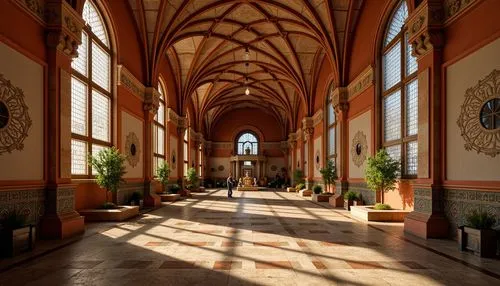 Earthy tones, terracotta red, golden yellow, weathered stone, mossy green, rich brown, ornate carvings, grand archways, ribbed vaults, stained glass windows, intricate mosaics, polished marble floors,