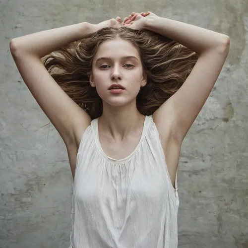 young woman,cotton top,pale,relaxed young girl,lily-rose melody depp,airy,model beauty,girl in t-shirt,liberty cotton,white lady,gracefulness,young girl,girl on a white background,tying hair,female model,beautiful young woman,white silk,shoulder length,mystical portrait of a girl,girl in cloth,Photography,Documentary Photography,Documentary Photography 21