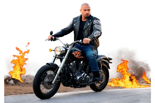 Tribal warrior, muscular man, riding a customized motorcycle, tattooed arms and chest, shaved head, silver earrings, leather jacket, ripped jeans, heavy boots, chrome exhaust pipes, flame decals, trib