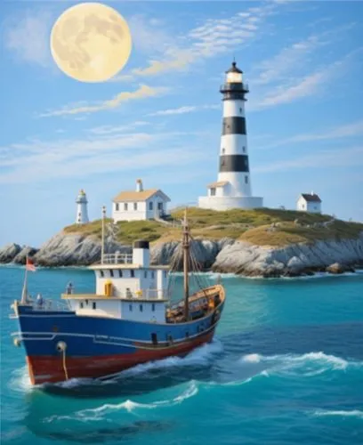 a fishing ship moves toward the lighthouse, Glowing lighthouse on the island, yellow moon, two fishing men on the ship's deck,the boat is on the water and has a lighthouse on top,inishmaan,lighthouses