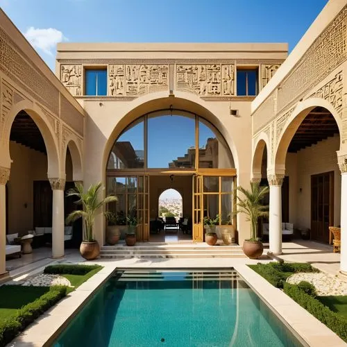 Create a villa façade that combines the grandiosity of Egyptian temple architecture with the sophistication of contemporary French design. Use a grand entrance with a tall, Egyptian-style pylon gatewa