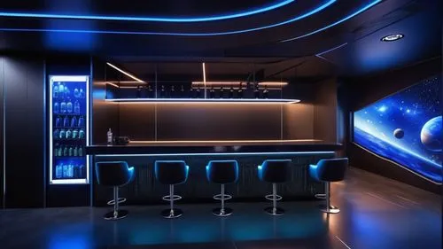 ufo interior,movie theater,liquor bar,bar counter,unique bar,movie theatre,piano bar,nightclub,bar,cinema seat,shower bar,home theater system,movie theater popcorn,digital cinema,sci fi surgery room,sky space concept,neon light drinks,home cinema,theater stage,blue room,Photography,General,Realistic