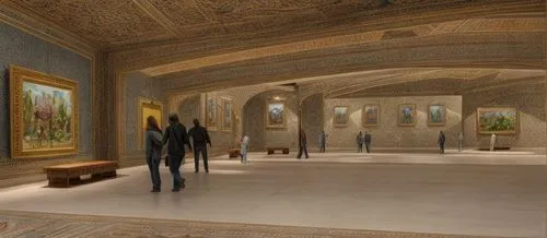 The interior of the painting gallery with the works of Iranian miniature painters,a painting of people walking down a hall,art gallery,louvre museum,galleries,louvre,gallery,art museum,Common,Common,N