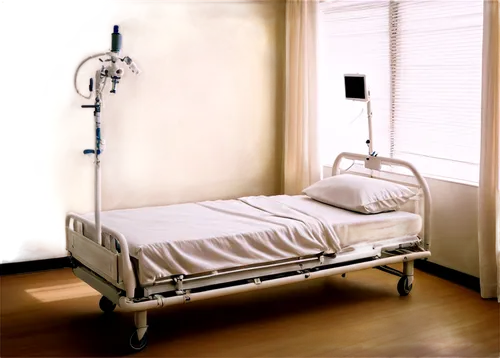 hospital room, solo, white bed, metal frame, wheels at bottom, IV stand, heart rate monitor, oxygen tank, white curtains, window with blinds, 3/4 composition, soft natural light, realistic, cinematic 