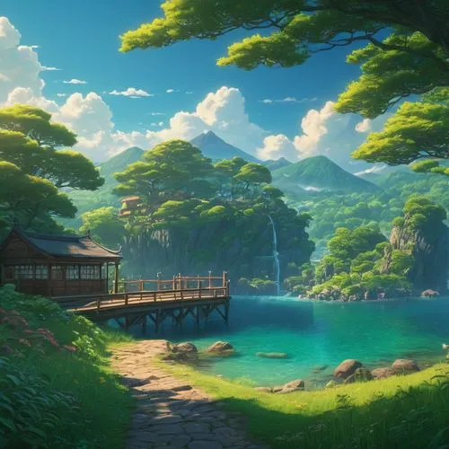 landscape background,ghibli,studio ghibli,japan landscape,cartoon video game background,fantasy landscape,japanese background,background design,forest lake,an island far away landscape,lake tanuki,kanto,idyllic,background with stones,yazaki,takahata,miyazaki,nature background,seclude,uzak,Photography,General,Fantasy