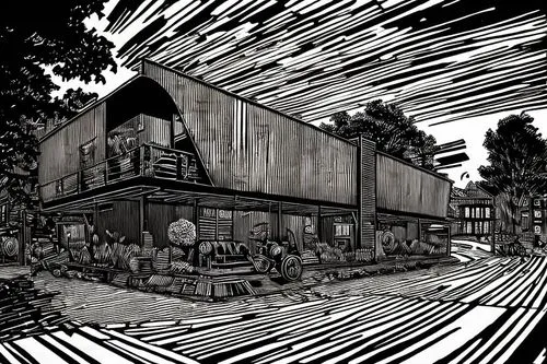 Xilografía de proyecto,lumberyard,warehouses,woodshed,warehouse,comic style,lumberyards,Art sketch,Art sketch,Woodcut