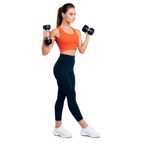 Healthy woman, fitness model, athletic build, sporty hairstyle, minimal makeup, tank top, yoga pants, sneakers, dumbbells in hand, dynamic pose, energetic expression, natural light, shallow depth of f