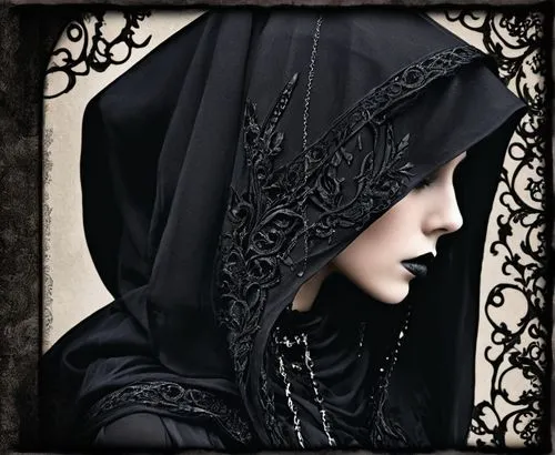 abaya,gothic portrait,gothic woman,gothic fashion,gothic style,gothic,gothic dress,victorian lady,veil,black rose,dark gothic mood,filigree,black coat,beautiful bonnet,the hat of the woman,cloak,victorian style,islamic girl,goth woman,headscarf,Illustration,Realistic Fantasy,Realistic Fantasy 46