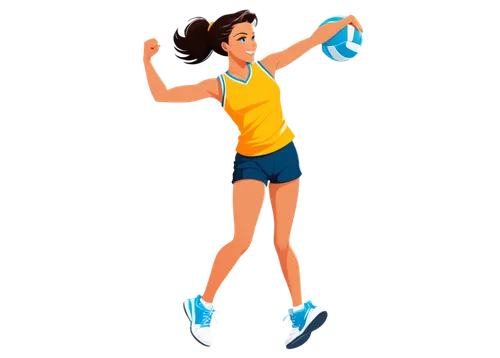 cartoon volley ball player, athletic girl, dynamic pose, jumping high, spiking, sporty short hair, sweat droplets, bright colored uniform, sleeveless shirt, shorts, knee pads, sports shoes, energetic 