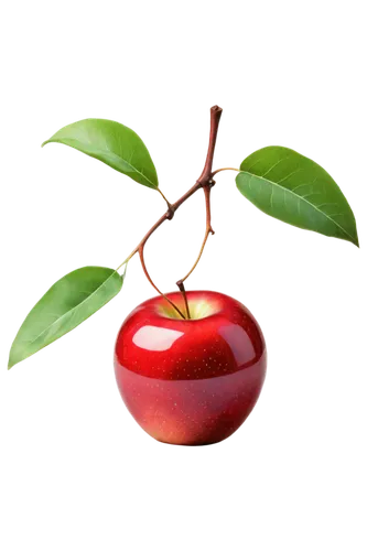 Red delicious apple, glossy skin, green leaf attached, stem on top, solo, still life, shallow depth of field, soft natural light, warm color tone, 3/4 composition, detailed texture, realistic, HD.,a p