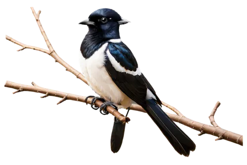 magpie bird, black and white feathers, slender body, long tail, sharp beak, bright eyes, perched on branch, morning sunlight, shallow depth of field, warm color tone, cinematic lighting, 3/4 compositi