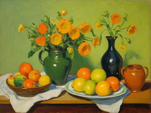 still life of spring,green oranges,summer still-life,fruit bowl,oranges,tangerines,still-life,still life,sunflowers in vase,yellow orange,orange tulips,fruit bowls,orange flowers,kumquats,oranges half,tangerine fruits,citrus fruits,citrus fruit,bowl of fruit,pieces of orange,Art,Classical Oil Painting,Classical Oil Painting 20