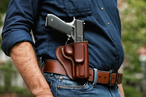 Design a compact and comfortable urban carry holster for everyday use in a bustling city.,handgun holster,gun holster,holster,man holding gun and light,colt 1851 navy,colt 1873,m9,smith and wesson,hol