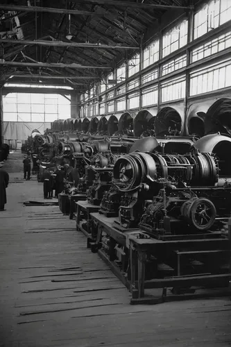 Engines under repair at Ogden shops, Calgary, Alberta. Date: February 24, 1913,cable reel,machinery,cylinders,lathe,artillery,factory hall,industrial tubes,film rolls,metal lathe,factories,sewing fact