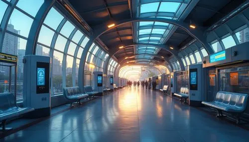 Modern bus station, futuristic steel frame structure, curved lines, sleek glass panels, LED lights illuminating the roof, spacious interior, rows of silver benches, electronic displays showing schedul