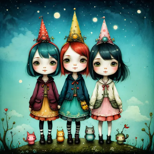 celebration of witches,butterfly dolls,kids illustration,party hats,fairies,witches' hats,doll's festival,fairytale characters,witches,vintage fairies,sewing pattern girls,little girls,wonderland,gnomes,cute cartoon image,fairy tale icons,little boy and girl,scandia gnomes,little girl with balloons,whimsical,Illustration,Abstract Fantasy,Abstract Fantasy 01