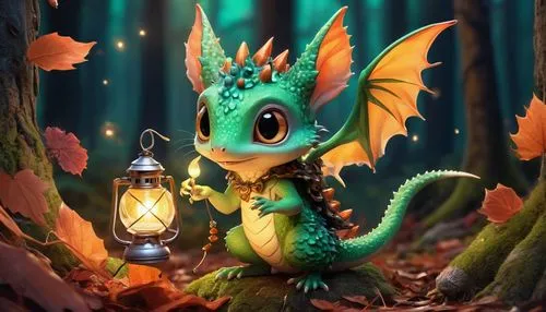 Cute kobold, green scales, big round eyes, tiny nose, fangs, pointy ears, spiky hair, mischievous expression, holding a small lantern, standing on a mushroom, forest floor, autumn leaves, twinkling fi