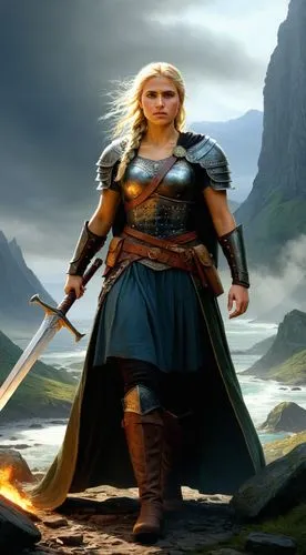 GUERRERA VALKIRIA,a person dressed as a warrior is standing with sword and fire,glorfindel,thorhild,gwenllian,finrod,noldor,female warrior,Art,Classical Oil Painting,Classical Oil Painting 10