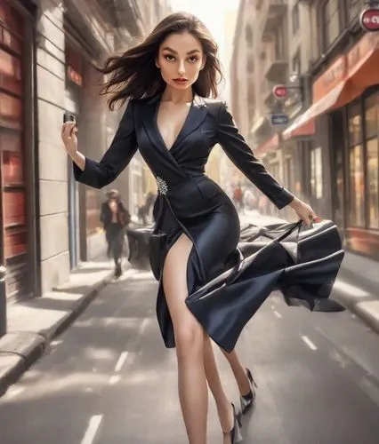 In the middle of a bustling city, a stunning woman wearing a black dress takes a step down a bustling street. Her dress seems to dance with the rhythm of the train. Her sleek dress glistens in the sun