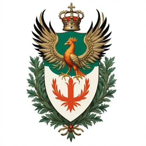 Un phénix sur une tour mais inséré dans un blason impérial entouré de branches de Laurier et d'Olivier. Intérieur du bouclier vert impérial. ,a coat of arms and two crown on it,russian coat of arms,pa