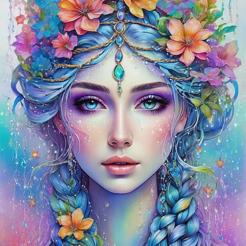 boho art,fantasy portrait,fairy peacock,flower fairy,colorful floral,flora,girl in flowers,hydrangea,radha,beautiful girl with flowers,boho,wreath of flowers,flower painting,mermaid vectors,spring unicorn,fantasy art,elven flower,hydrangeas,spring crown,the festival of colors,Illustration,Paper based,Paper Based 15