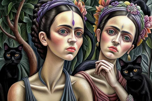 style peinture modigliani,   frida khalo seule, entourée de chats noirs aux yeux bleus, image très colorée  ,david bates,adam and eve,dualism,surrealism,mirror image,split personality,heads of royal p