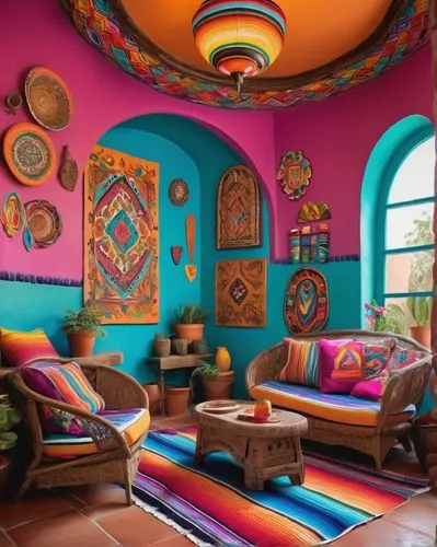 Vibrant colorful Mexican-style living room, rustic wooden furniture, embroidered cushions, sombrero-shaped lamps, Talavera pottery vases, colorful serape blankets, woven wicker baskets, terra cotta fl