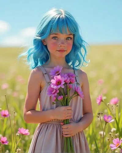 girl in flowers,beautiful girl with flowers,blu flower,blue daisies,blue flower,flower girl,Illustration,Realistic Fantasy,Realistic Fantasy 24