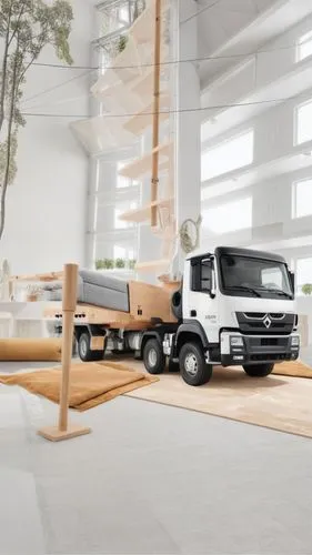 Supprimer le camion et fait l'aménagement extérieur ainsi la façade ,a truck parked near a staircase in a building,counterbalanced truck,smartruck,long cargo truck,iveco,commercial vehicle,pick up tru