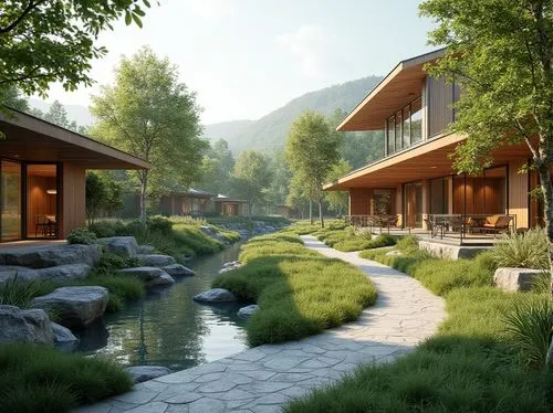 3d rendering,render,house in the mountains,renderings,landscaped,3d rendered,zen garden,japanese zen garden,cryengine,amanresorts,streamwood,house in mountains,3d render,ryokan,home landscape,creekside,the cabin in the mountains,landscaping,rendered,renders,Photography,General,Realistic