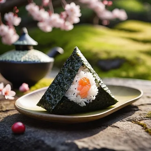 Japanese-style triangular rice ball, Onigiri, traditional Japanese food, triangular shape, white rice, salty salmon filling, wrapped in nori seaweed sheet, green tea, Japanese garden, stone lantern, c