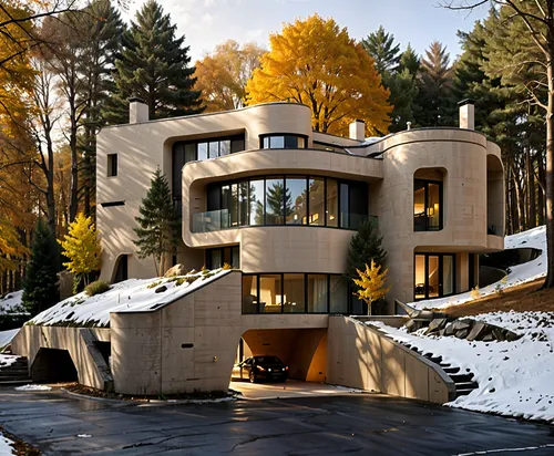 a very large modern architecture with trees and snow,dreamhouse,modern house,modern architecture,fromental,frame house,prefab