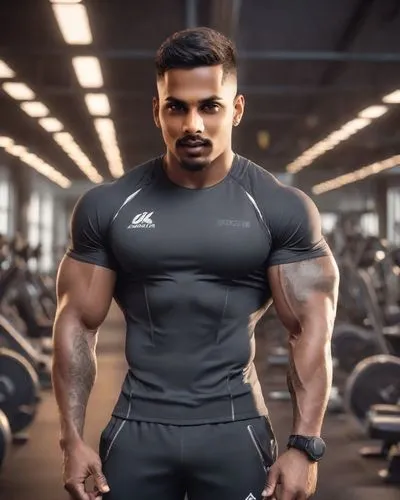 a black man in a black and grey shirt in front of a barbell,roychoudhury,nanjundaswamy,sreenivas,manoharan,karunaratne,dhruva,dhananjaya,venugopal,gunaratne,dassanayake,shyamaprasad,bodybuilding,mahen