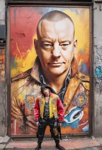 a vibrant mural depicting a 70-year-old a man a 90 kg man with shaved hair dressed in a fedora and leather shirt was painted in intricate strokes from a wooden frame. The man is depicted in a vibrant 