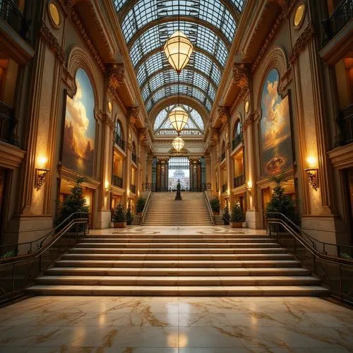 Grand, luxurious exhibition center, Art Deco style, ornate metallic framework, geometric patterns, lavish chandeliers, marble floors, elegant staircases, intricate moldings, vintage posters, sophistic