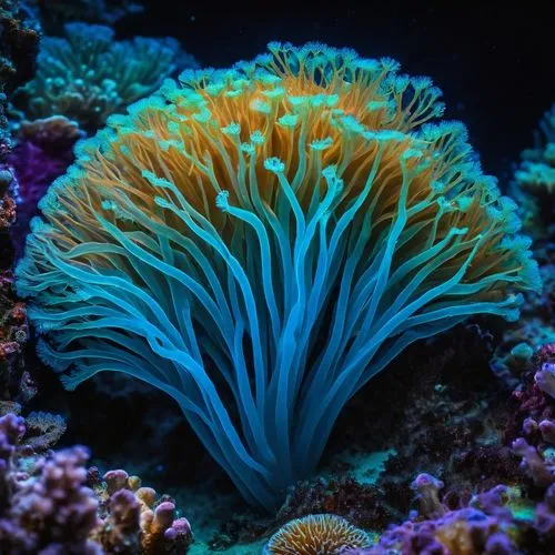 macrophotograph, beautiful bioluminescent blue glow quantum  sea coral polyp on the reef, natural lighting, light-focused, amateur shot,bubblegum coral,coral guardian,coral reef,coral,feather coral,co