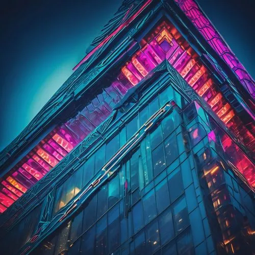 Modern architectural design, futuristic skyscraper, sleek lines, metallic materials, glass facade, intricate details, urban cityscape, night scene, vibrant neon lights, misty atmosphere, 3/4 compositi