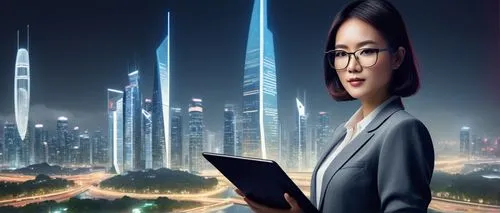 Jewel Changi, female architect, 30s, Asian, elegant posture, black framed glasses, short straight hair, subtle makeup, formal business attire, blazer, white shirt, pencil skirt, high heels, holding a 