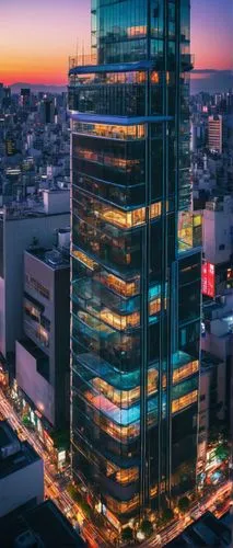 Modern Tokyo skyscraper, contemporary design, sleek glass facade, steel beams, LED lights, rooftop garden, cityscape view, sunset glow, neon lights reflection, busy streets, Shibuya crossing, pedestri