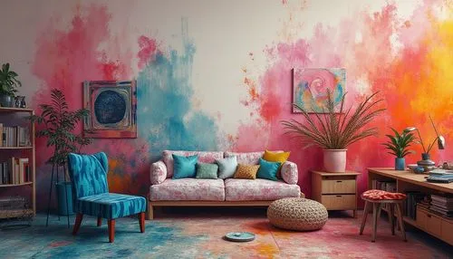 painted wall,color wall,wall paint,interior design,bohemian art,redecorate,colorfully,technicolour,paint splatter,splash of color,rainbow color palette,maximalism,colourfully,interior decoration,decorously,opaline,great room,boho art style,vibrant color,splash paint,Photography,General,Realistic