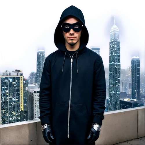 Masked person, mysterious figure, solo, black cloak, hoodie, anonymous, dark glasses, silver zipper, black leather gloves, standing, night scene, cityscape, skyscraper, misty atmosphere, cinematic com