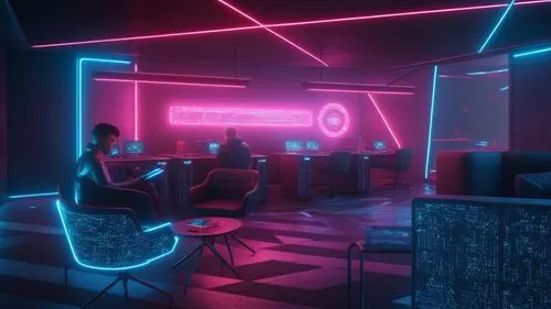 people sitting in neon lit room with chairs,neon coffee,cybercafes,neon cocktails,neon drinks,neon human resources,cyberscene,Photography,General,Sci-Fi