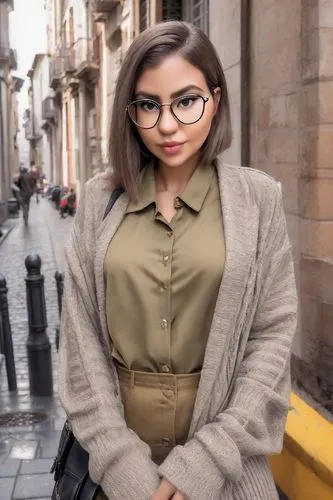 city ​​portrait,woman in menswear,ariela,intelectual,chiado,secretaria,timisoara,librarian,business girl,business woman,zahraa,girl in a historic way,khaki,alejandrina,ciega,silver framed glasses,cobblestoned,programadora,araceli,estudiante,Photography,Realistic