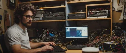 Weird, geek, male, messy hair, thick black glasses, white shirt, blue jeans, sneakers, holding a laptop, sitting on a cluttered desk, surrounded by wires and gadgets, in a dimly lit, small, cramped ro