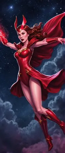 scarlet witch,cassiopeia,goddess of justice,darth talon,red super hero,fantasy woman,sorceress,cassiopeia a,fire siren,candela,devil,taurus,star mother,fantasia,fire angel,red chief,elza,red cape,wanda,show off aurora,Illustration,Realistic Fantasy,Realistic Fantasy 02